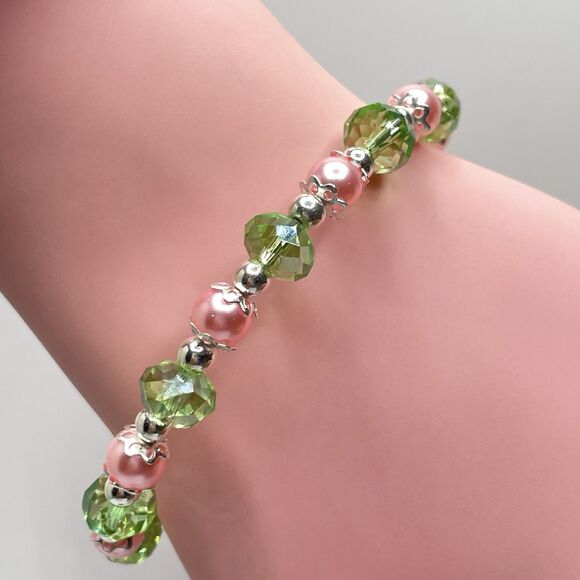 Stunning Pink Green Glass Pearl Beaded Bar Chain Necklace Earrings Bracelet Set - Picture 4 of 8